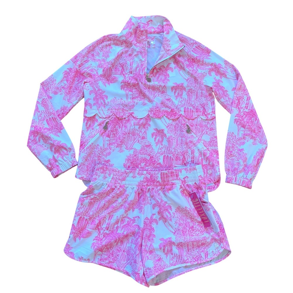 Lilly Pulitzer Luxletic Set Pink Toile UPF 50+ Pullover XS Backcourt Short Small